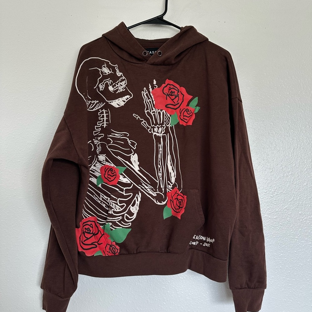 Reason Brown Hoodie with Skeleton and Roses